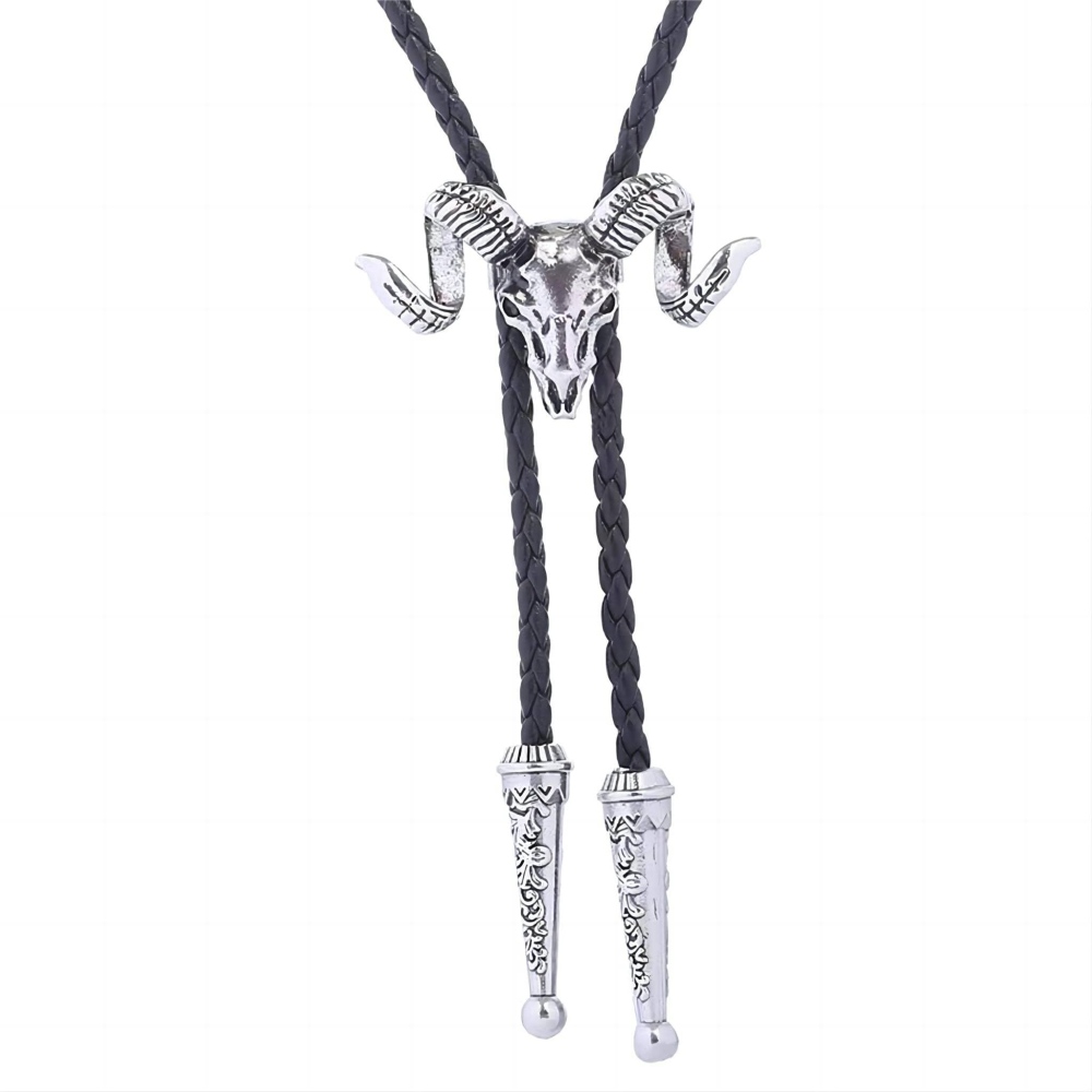 Zac's Alter Ego - Vintage Ram Skull Pendant PU Leather Cord Western WesternKrawatte - Silberfarben/Schwarz